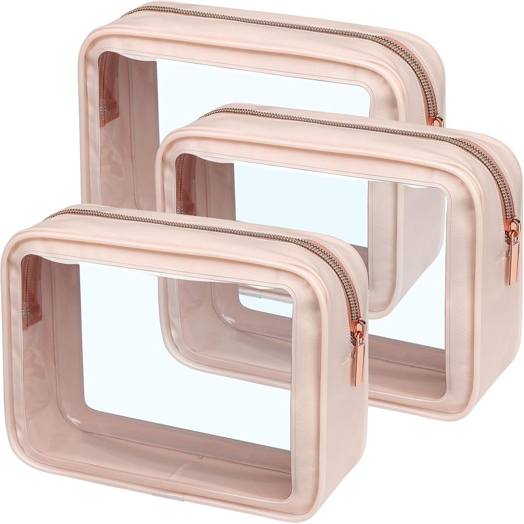 PACKISM Clear Makeup Bag - TSA Approved Toiletry Bag for Carry-on & Checked Luggage, Water Resistant Car Storage Organizer with Reinforced Seams (TSA Specialist (3-Pack Medium - Soft), 3 Pack Pink)