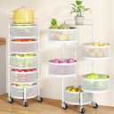 SAYZH Fruit Vegetable Basket for Kitchen, Rotating Storage Rack, 5 Tier Rolling Cart with top lid, Large Metal Wire Wheels (White)