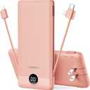VEGER Portable Charger with Built-in AC Plug and Cables, All in One 10000mAh Ultra Slim Power Bank Travel Essentials, Fast Charging Battery Pack Compatible with iPhone, Samsung, More(Dark Pink)
