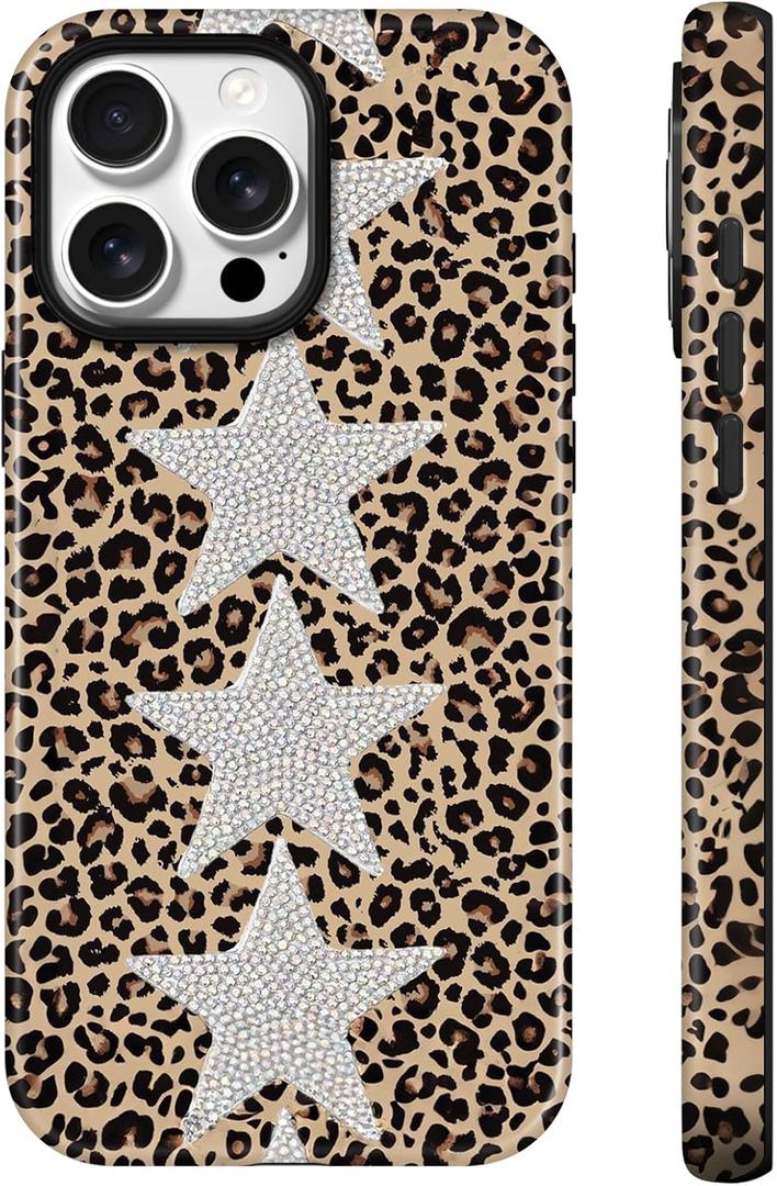Lumen for iPhone 16 Pro Max Case, Compatible with Magsafe, Hard Shell Cover with Camera Protection for Girls - Leopard Silver Diamond Glitter Stars Cheetah Bling design Y2K Aesthetic Festive