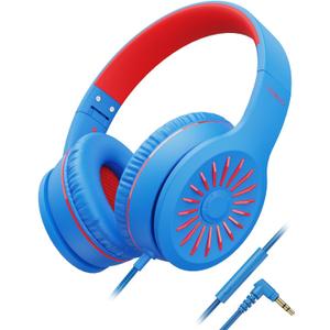 Wired Headphones with Microphone, K16 On-Ear Headphones for Kids with 3.5MM Jack, Foldable Stereo Bass Headphones for Teens School Amazon Kindle, Fire, Chromebook, Tablet(Black Red) (Light Blue Red)