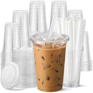 AOZITA 100 Pack - 24 oz Clear Plastic Cups with Lids and Straws, Food Safe Disposable Iced Coffee Cups for Cold Beverages, Smoothies, Iced Coffee, Leak-Proof, BPA-Free