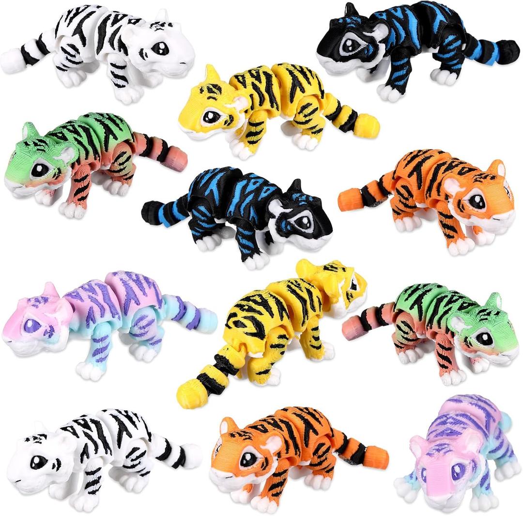 Honoson 12 Pcs 3D Printed Animal Fidget 3D Mini Animal Flexible Cute Articulated Small Stress Pet Relief Fidget for Adult Party Favors Home Display(10-13cm,Tiger)