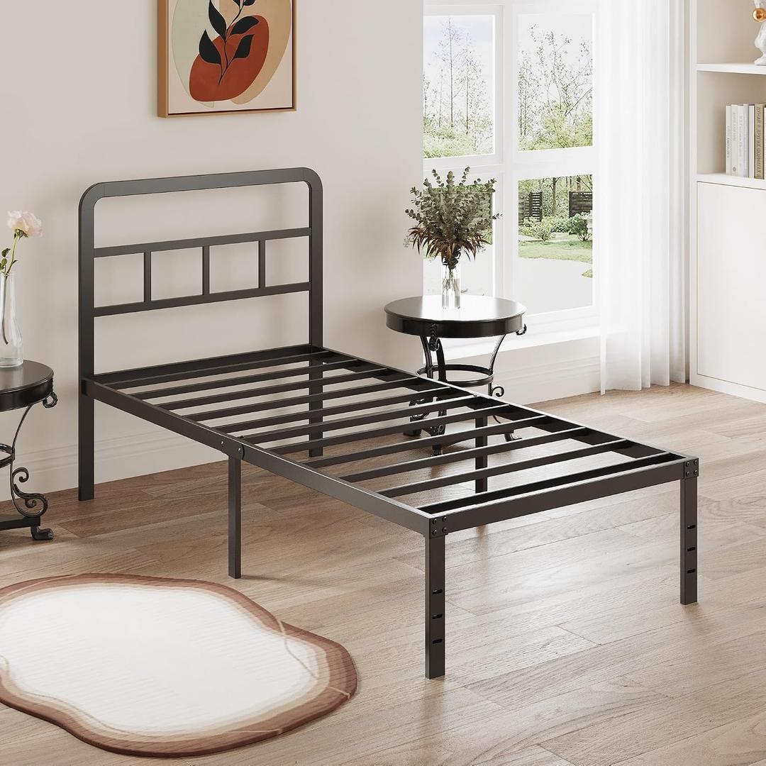 DiaOutro 16 Inch Twin XL Bed Frame with Headboard No Box Spring Needed Metal Platform Heavy Duty Steel Slat Mattress Foundation/Easy Assembly/No Noise/Black