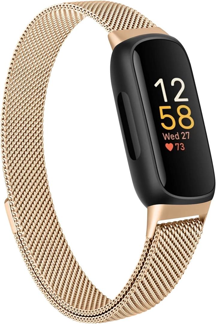 Meliya Stainless Steel Metal Mesh Loop Bands for Fitbit Inspire 3/2/HR - Adjustable Magnetic Wristband Replacement Straps for Men and Women (Rose Gold 02)