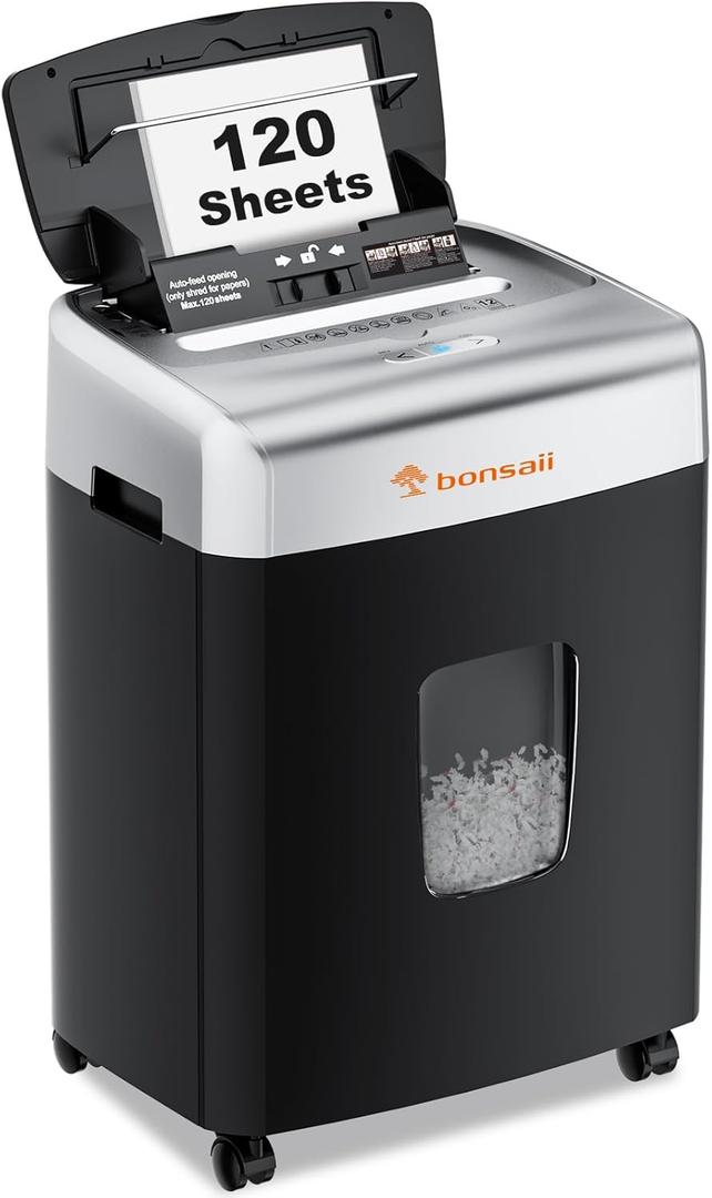 Bonsaii Paper Shredder for Office, 120-Sheet Autofeed Heavy Duty Shredder for Home Office Use, 30 Minutes/Micro Cut/P-4 High Security Level/6 Gallon Large Bin