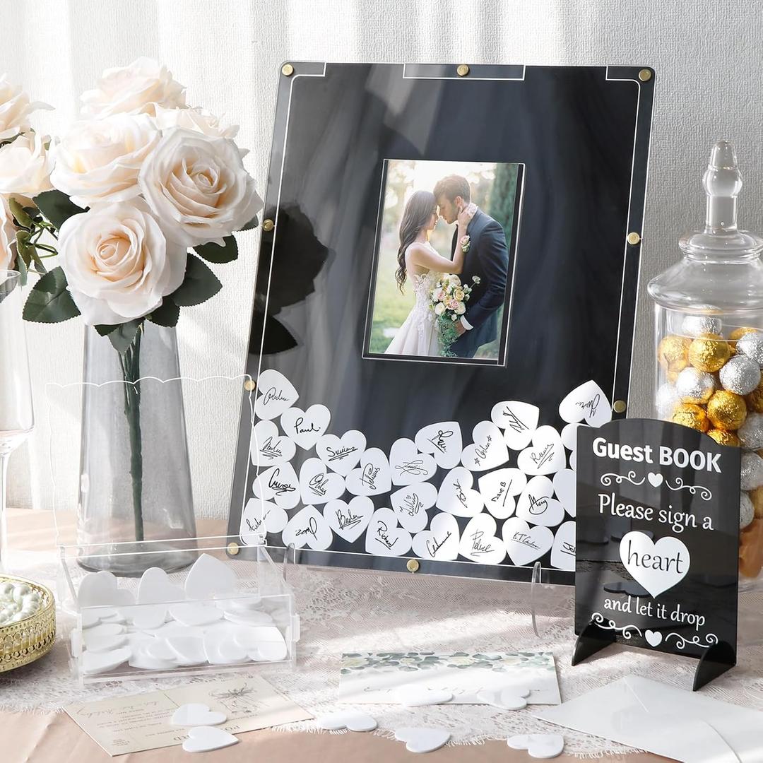 AerWo Wedding Guest Book Alternative, Acrylic Guest Book Wedding Reception Wedding Heart Guest Book Drop Box with Picture Frame,100 Acrylic Hearts,Wedding Signs for Graduations Baby Shower Anniversary (Black)