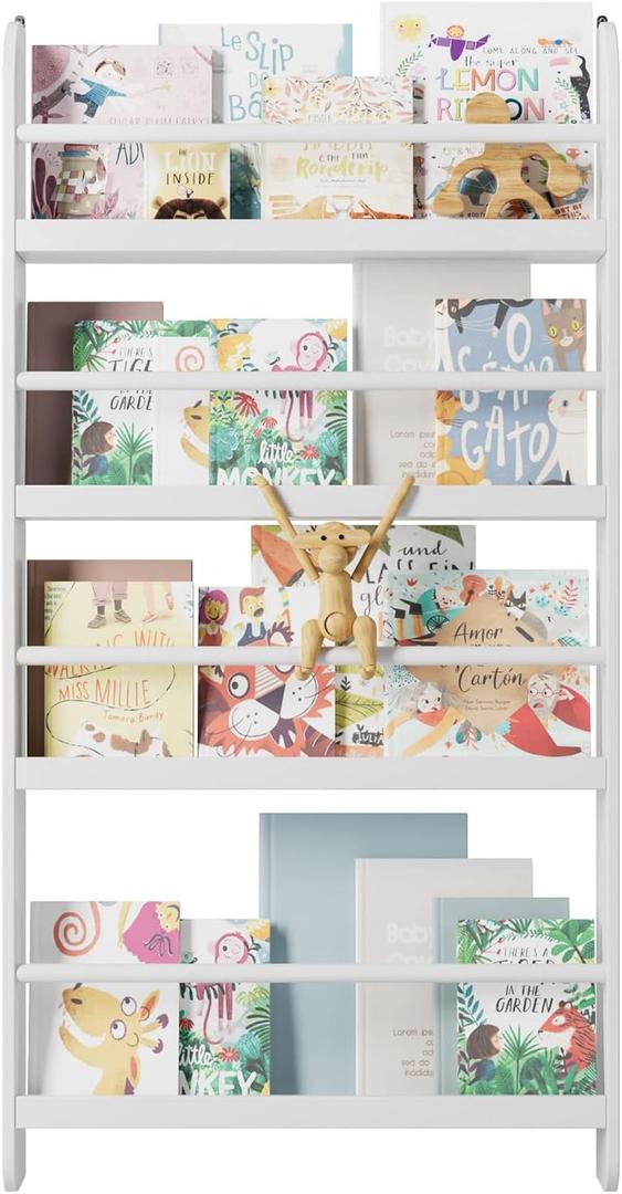 FOTOSOK Kids Bookshelf, Wall Mount 4-Tier Book Shelf Organizer for Toys and Books, Toy Storage Bookshelf in Bedroom, Living Room and Nursery, White