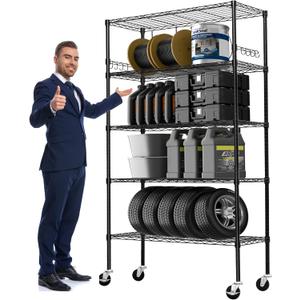 Storage Shelves 75"H Wire Shelving Unit with Wheels 1750LBS Heavy Duty Metal Shelves for Storage Adjustable 5-Tier Garage Storage Rack Kitchen Pantry Shelves Rolling Shelf on Casters, 14"D x36"W x75"H