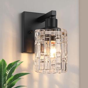 1 Light Matte Black Bathroom Vanity Light Over Mirror, Modern Vanity Lighting with Crystal Glass Shade, Wall Mount Bathroom Light Fixtures, E26 Base