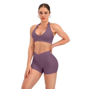 TDIFFUN Women Workout Sets 2 Piece V Neck Halter Sports Bra High Waisted Crossover Booty Gym Shorts Yoga Outfits Small