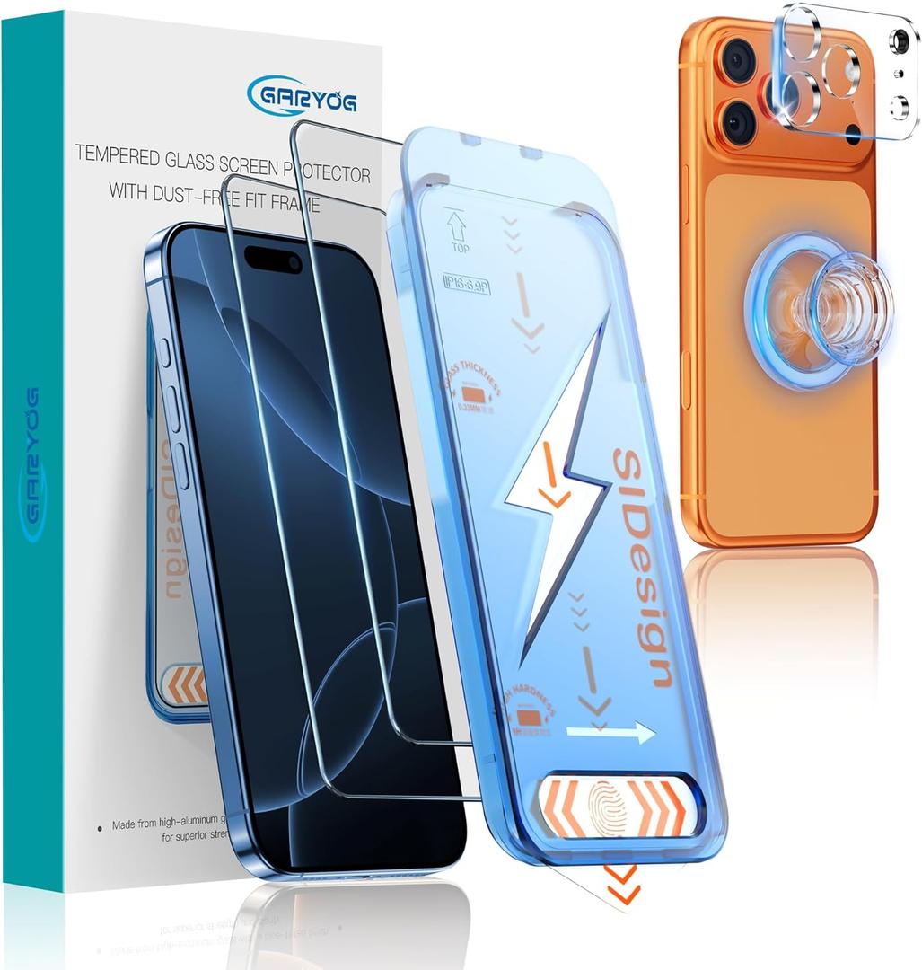 GARYOG [2-Pack Screen Protector for iPhone 17 Pro with Camera Protector & Magnetic Kickstand - 9H Military-Grade Tempered Glass,Easy Bubble-Free Installation,Ultra HD Clarity,Scratch-Resistant.