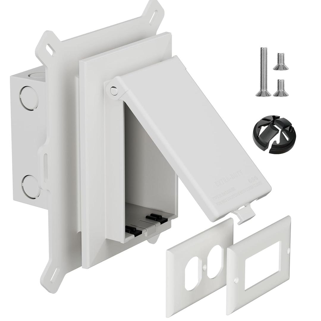 Recessed Outlet Box, DBVS1W-1 Low Profile Electrical Outlet Boxes, Wall Plate Kit for New Vinyl Siding, Enclosed Weatherproof Pack with Duplex & Decorator Style Covers,1-Gang, Vertical, White