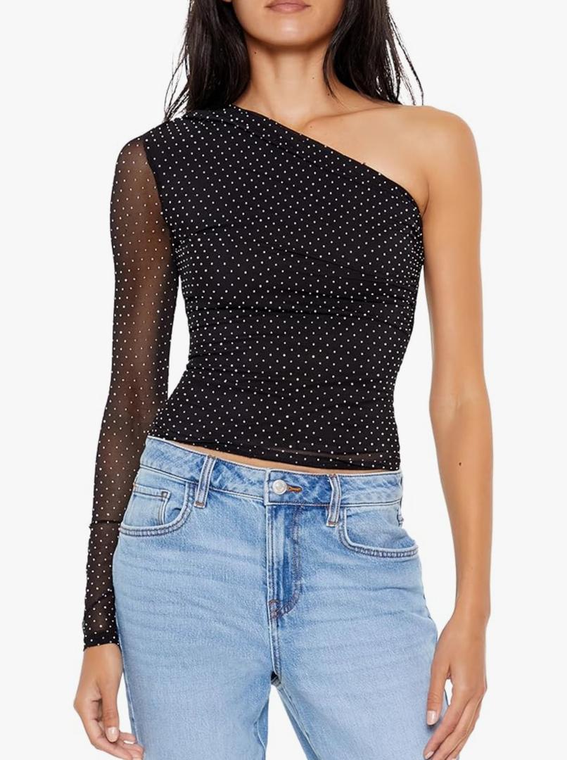 Forever 21 Women's Rhinestone One-Shoulder Crop Top, XL
