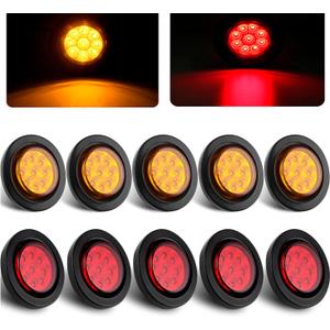 10PCS 2inch Round LED Marker Lights 9 LEDs w/reflex Lens 5 Amber + 5 Red 2" Round LED Trailer Lights Side Clearance Marker Lights for Truck RV Sealed Flush Grommets Mount w/2 Prong Wire Pigtails