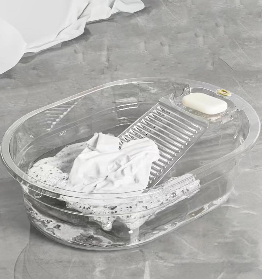 Washboard Basin for Hand Washing Clothes, 19.2" Laundry Washboard Basin with Built-In Washboard, Soap Holder & Carry Handles, Hand Wash Tub for Delicates, Baby Clothes, Apartment, Dorm, RV & Sink Use