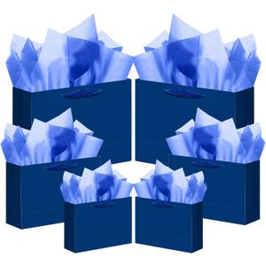 qiqee 10PCS Nordic Blue Gift Bags with Ribbon Handles Mulit Assorted Sizes Gift Wide Bags (2pcs Large 13", 4pcs Medium 9.6", 4pcs Small 6.3"22pcs Tissue Paper)