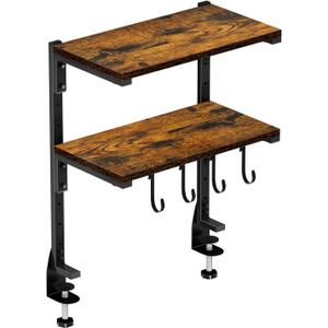 Clamp-on Desk Shelf, 13 inch Above or Below Desk 2-Tier Shelving, Adjustable Metal Storage Tray for Gaming Devices or Office Desk Accessories and More, Brown, Patent Pending