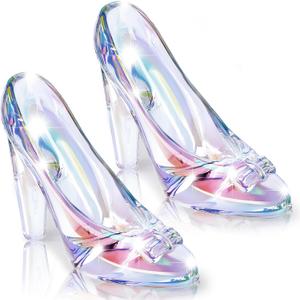 Suclain 2 Pcs Glass Slipper Princess Crystal High Heels Shoes Ornaments Glass Slipper Decoration Gift for Weddings Birthday Party Favors Ornaments Girls Women(Holographic)