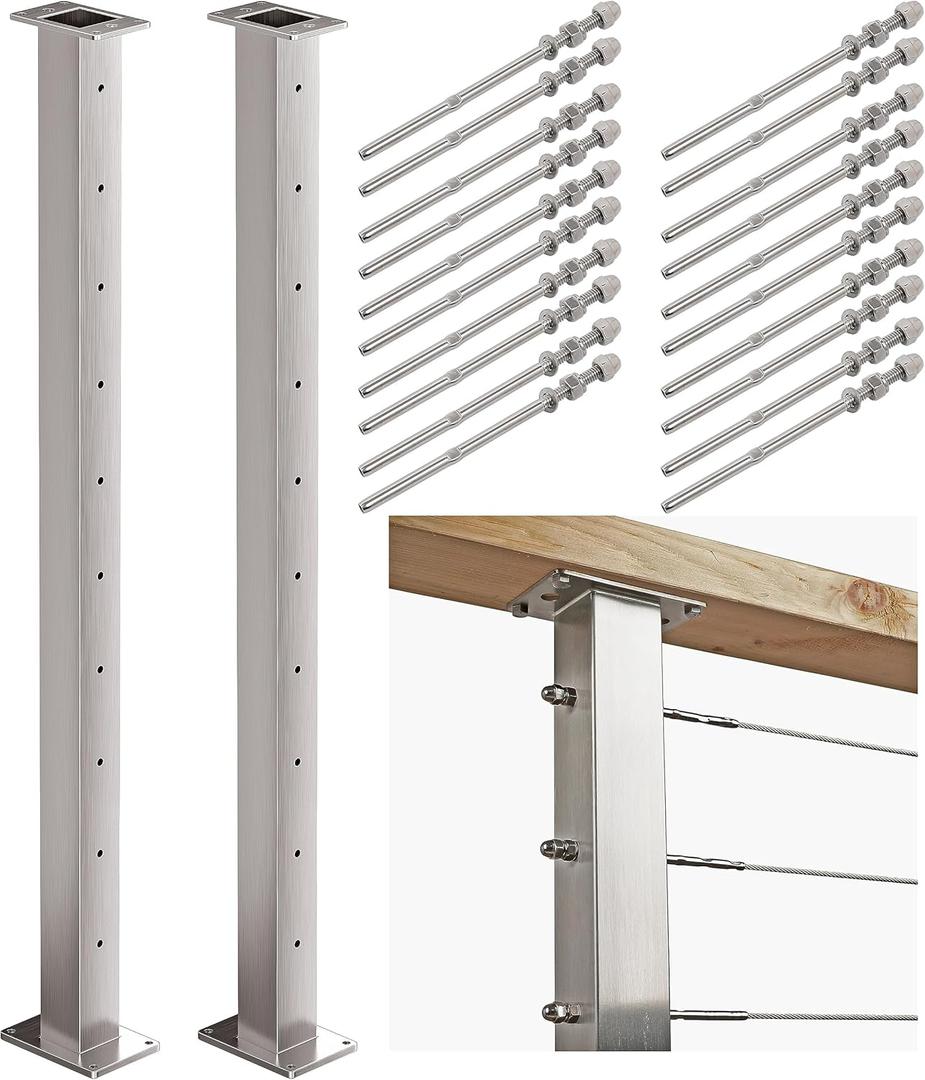 36" 2 Pack Stainless Steel Cable Railing Post 2"2" with 1/8 Cable Railing Kit, Level drilled (2, 36 Inch) (Silver)