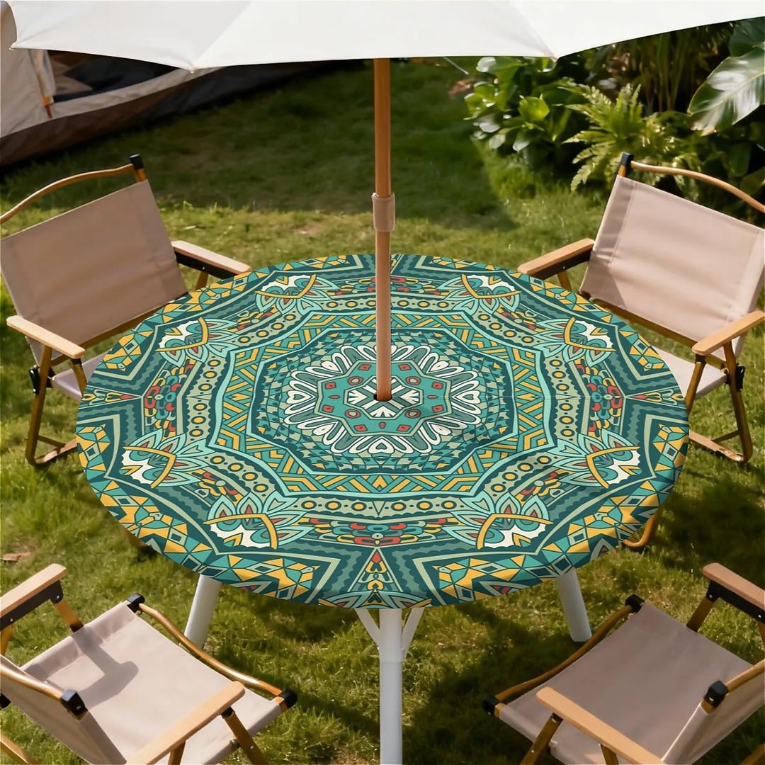 Round Outdoor Tablecloth with Umbrella Hole, Zippered Fitted Waterproof Tablecover with Elastic Edge Fits 37"-44" Round Tables for Patio Picnic Garden Camping Party, Mandala Green Pattern