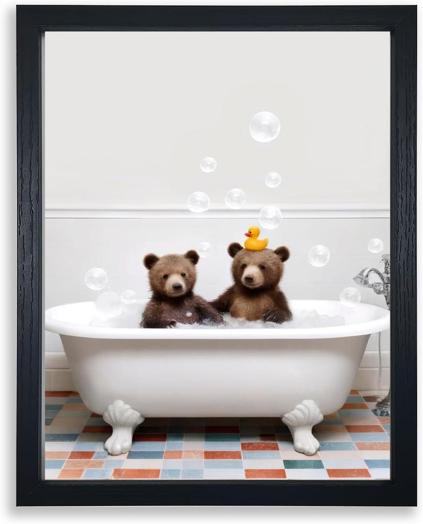 Sorbrozo Funny Bathroom Wall Art Black Frame Scene Of A Bear Sitting In A Bathtub With Bubbles Humorous Farmhouse Bathroom Decoration Frame Artwork 11x14 in