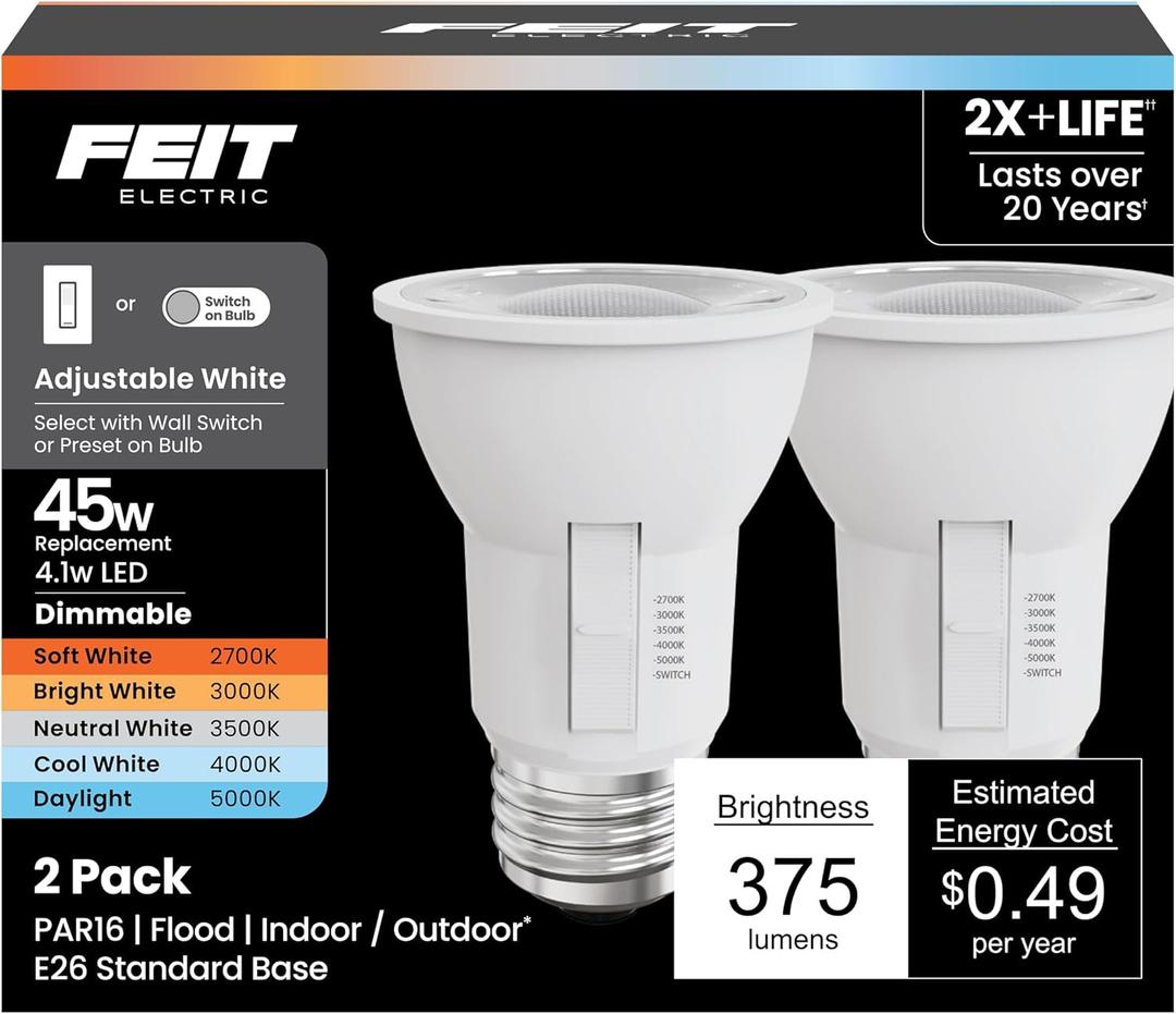 Feit Electric PAR16 LED Light Bulbs, 45W Equivalent, Dimmable, Color Selectable 6-Way, 5CCT, E26 Base, 90 CRI, 375 Lumens, Damp Rated Flood Light Bulb, 22-Year Lifetime, PAR1645DM/6WYCA/2, 2 Pack