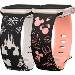 2 Packs Cartoon Engraved Band Compatible with Apple Watch Band 49/46/45/44/42/41/40/38mm Women Two-Tone Cute Soft Silicone Sport Strap for iWatch SE Series 10/9/8/7/6/5/4/3/2/1/Ultra(1/2) (Black Starlight/Black Peach Powder)