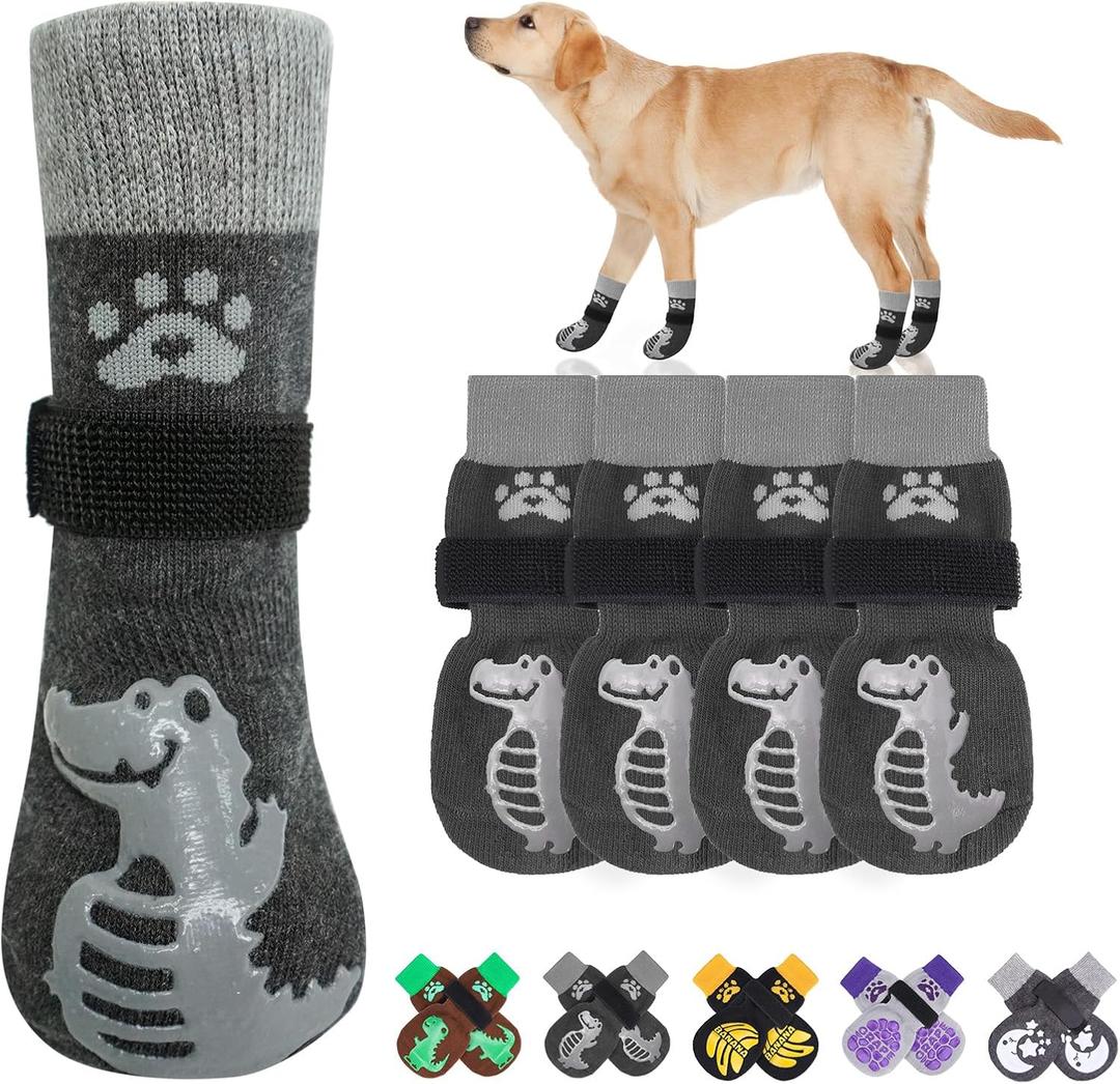BEAUTYZOO Non-Slip Dog Socks to Prevent Licking Paws, Dog Shoes for Hot Pavement, Paw Grip Protector Traction on Wood/Hardwood Floors, Alligator, L