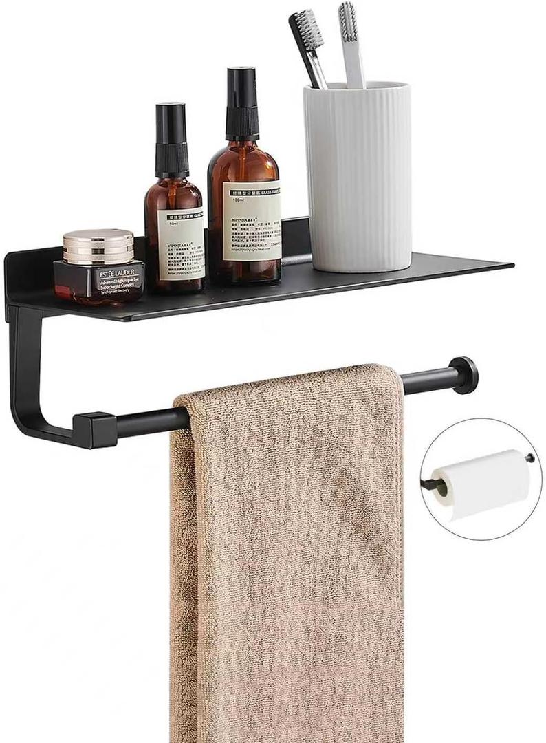 Hand Towel Holder for Bathroom -Paper Towel Holder Wall Mount - for Bathroom Black Paper Towel Holder with Shelf -Kitchen Towel Holder Black