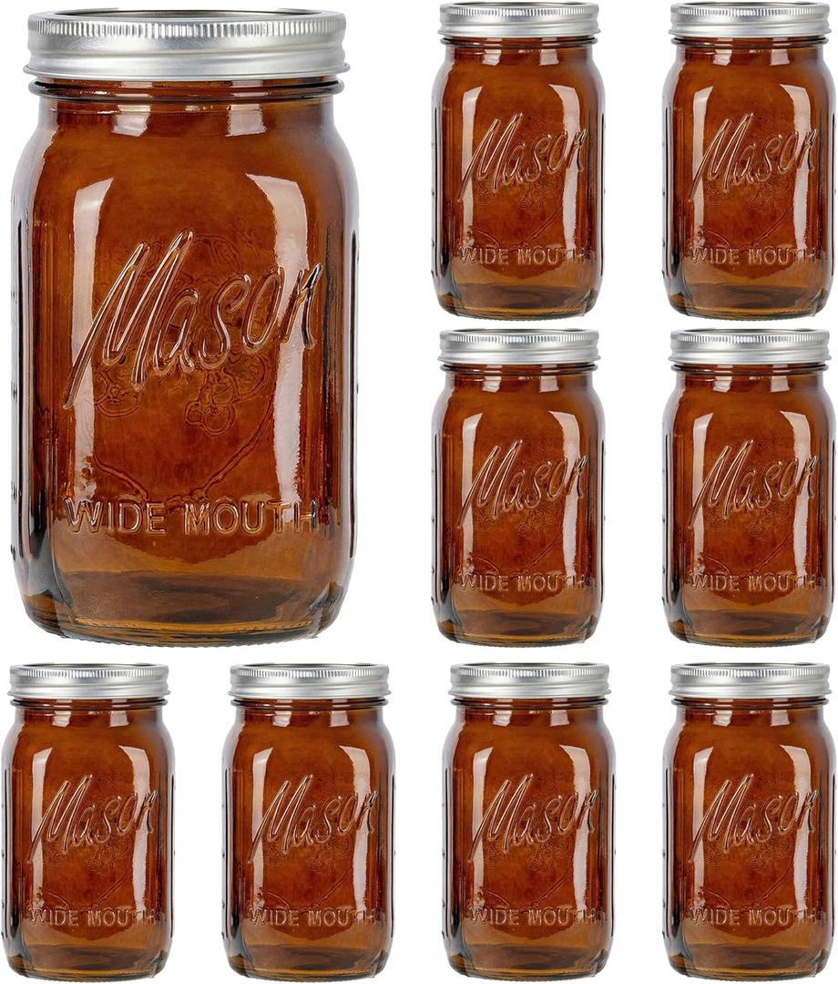SUT Amber Wide Mouth Mason Jars 32 oz,9 Pack Quart Mason Jars With Airtight lids and Bands,Canning Jars 32 oz for Preserving,Meal Prep,Overnight Oats,Fermenting