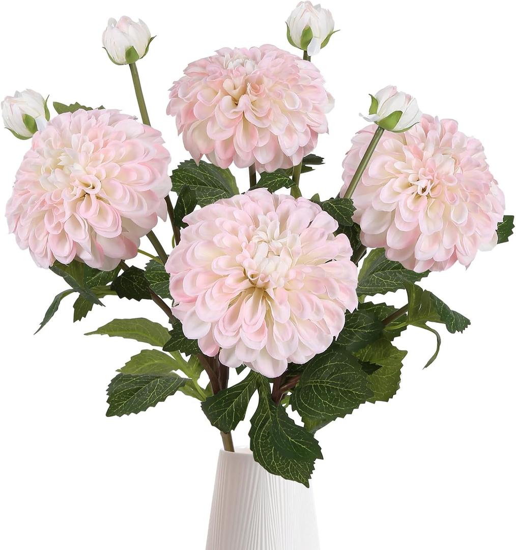IPOPU 4pcs Artificial Dahlia Flowers Realistic Dahlia Silk Flowers 29" Long Stem Faux Flowers with Buds for Tall Vase DIY Bouquet Home Wedding Decor (Blush Pink)