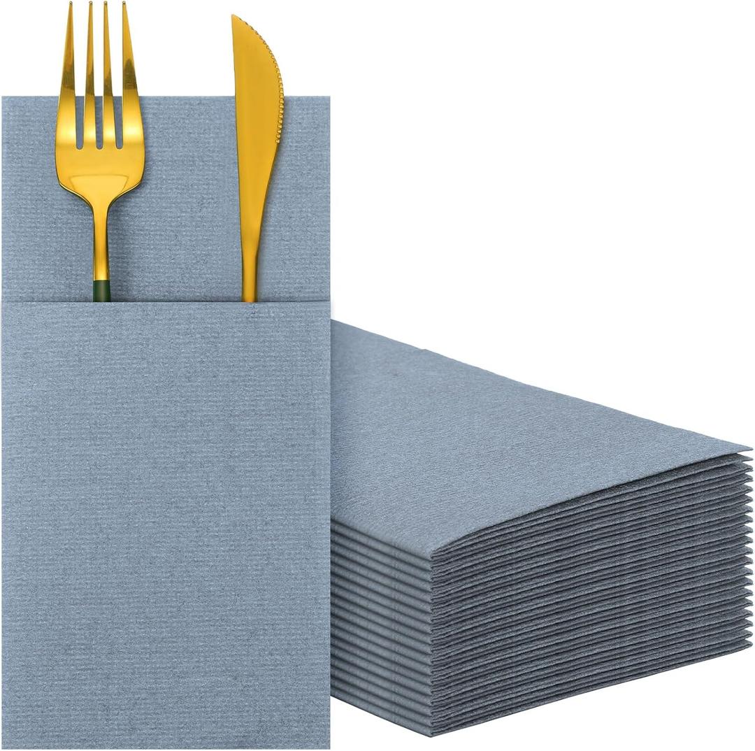 Seajan 35 Pieces Pocket Linen Napkins, Disposable Airlaid Paper Prefolded Dinner Napkins with Built in Flatware Pocket for Silverware Wedding Party(Dusty Blue)