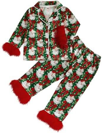 Afunbaby Toddler Baby Girl Boy Silk Satin Pajamas Set Button Down Pjs Kids Long Sleeve Shirt Pants Christmas Pjs Sleepwear (Size 120)