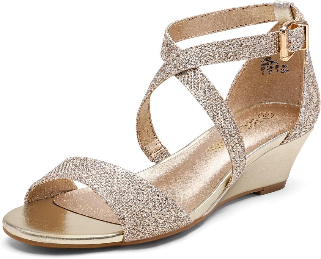 DREAM PAIRS Women's Wide Low Wedge Sandals Width Ankle Strap Heel Sandal Open Toe Dress Summer Shoes, Size 9W, Gold, JONES-W