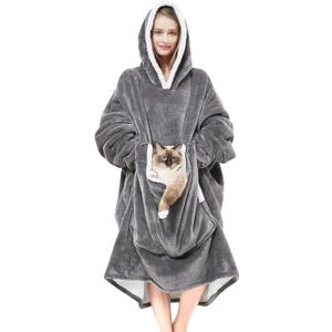 Cozystar Wearable Blanket Hoodie with Giant Pocket Pet Won't Leave Extra Soft Sherpa Fleece Thick Warm Cozy Oversized Sweatshirt Blanket Jacket with Sleeves-Grey, One Size