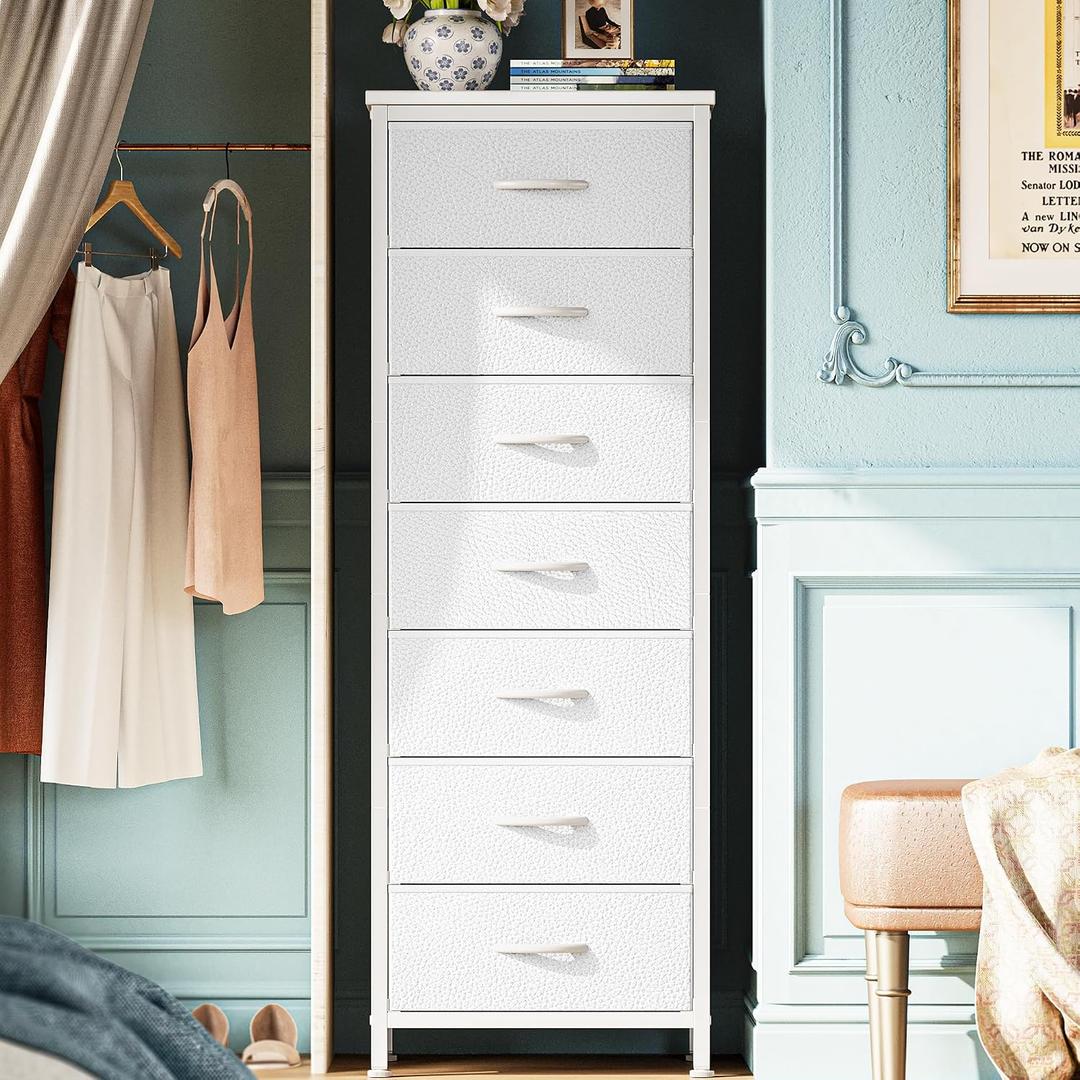 Huuger Tall Dresser for Bedroom, 7 Drawer Dresser & Chests of Drawers, Fabric Drawer for Closet, Bedroom, Night Stand, Metal Frame, Storage Tower with Fabric Bins, White