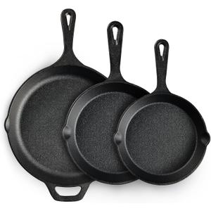 EWFEN Cast Iron Skillet 3-Piece Set, Heavy-Duty Professional Restaurant Chef Quality Pre-Seasoned Pan Cookware Set, 6", 8", 10" Pans For Frying, Saute, Cooking, Use Indoor/Outdoor, Oven, Grill