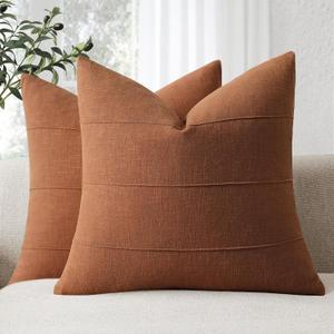 ZWJD Decorative Linen Throw Pillow Covers 16x16 Set of 2 Solid Handcrafted Striped Cushion Covers for Bed Soft Modern Farmhouse Neutral Pillowcase for Couch Bedroom Living Room Home Decor(Rust)