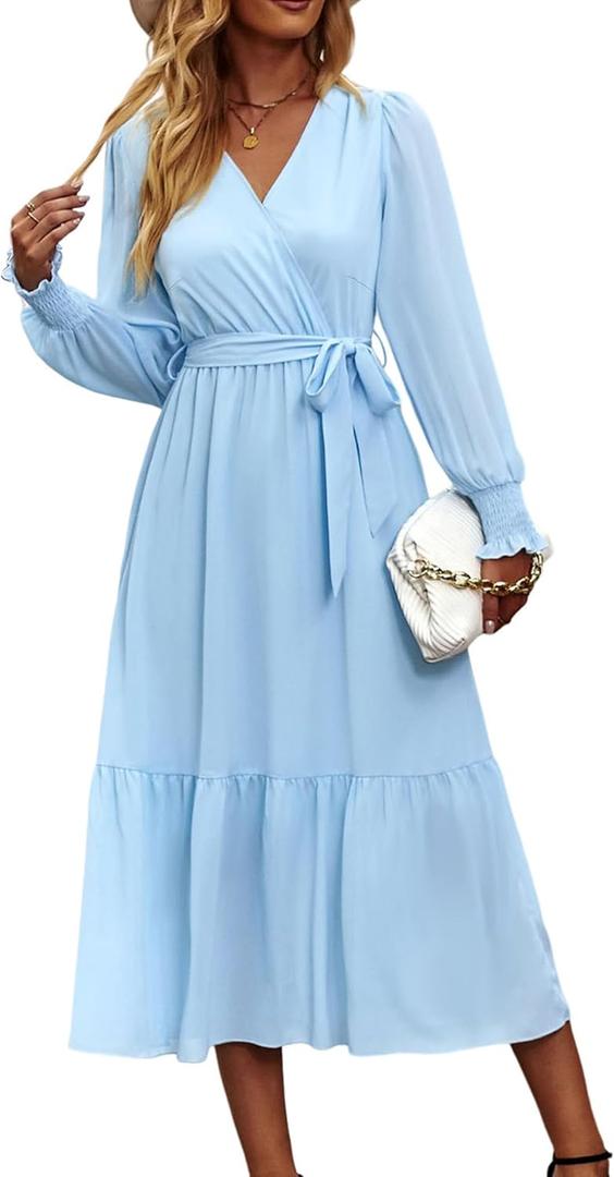 PRETTYGARDEN Women's Floral Boho Dress Fall Long Sleeve Wrap V Neck Ruffle Flowy Maxi Spring Wedding Guest Vacation Dresses (Solid Light Blue)