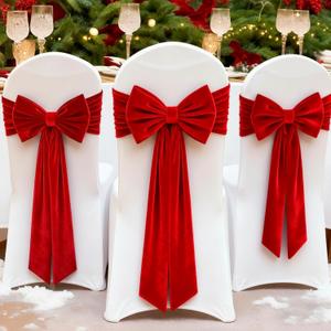 10 Pcs Christmas Velvet Chair Decoration Red Bows Velvet Chair Sashes 24 x 13'' Christmas Elastic Reusable Back Ribbon Bows Cover for Xmas Wedding Events Ceremony Reception Party Supplies