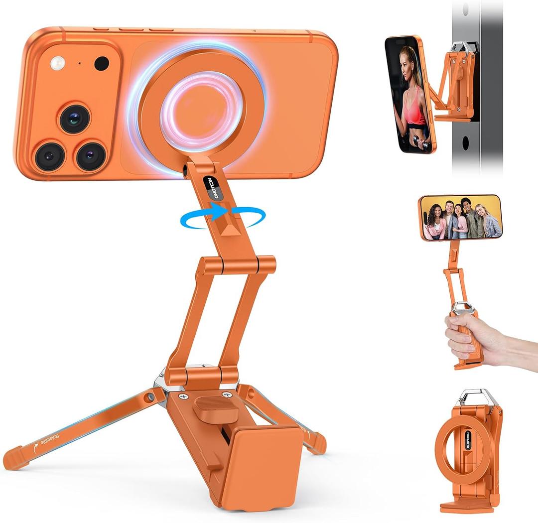 OMOTON TP02 360Rotating for MagSafe Tripod Mount, Adjustable Aluminum Magnetic Phone Tripod for iPhone 17/16/15/14 Pro Max Air, Foldable Cell Phone Stand Fits Vlog, Gym, Travel Essentials, Orange
