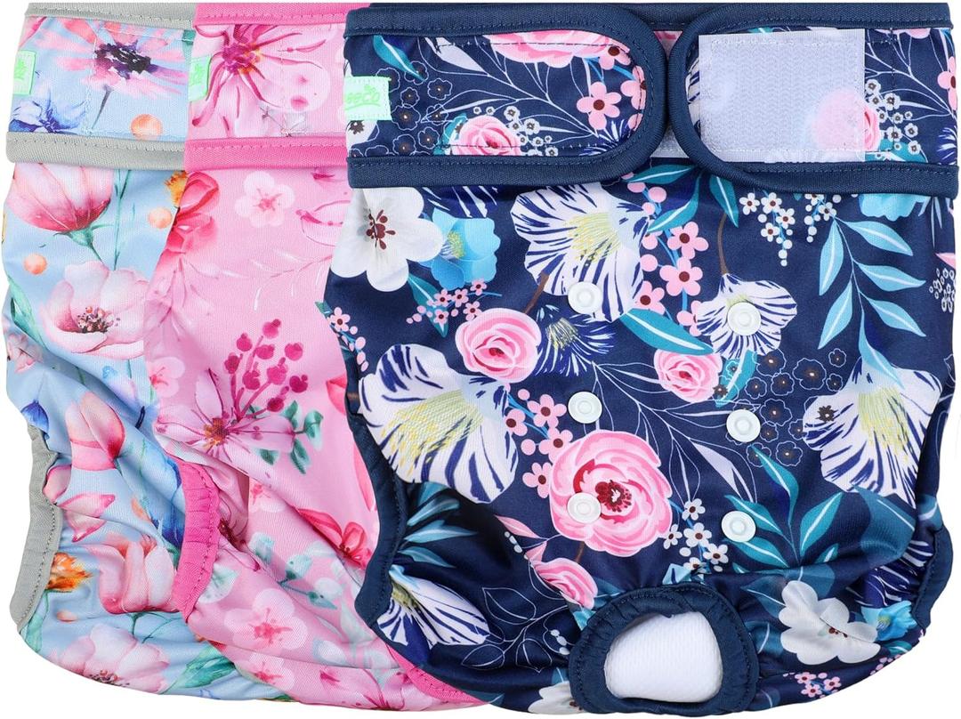 wegreeco Washable Reusable Premium Dog Diapers,Pack of 3,Small Dog Puppy & Doggy Diapers Female,Dog Period Panties Diapers Female in Heat (Small (Newborn-10.5" Waist), Flower-2)