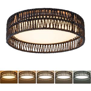 SineRise 12" Flush Mount Ceiling Light,25W LED Rattan Ceiling Light Fixture,Dimmable Handmade Boho Light Fixtures with Rattan,Farmhouse Lighting Fixtures Ceiling for Hallway Kitchen Bedroom(Black)