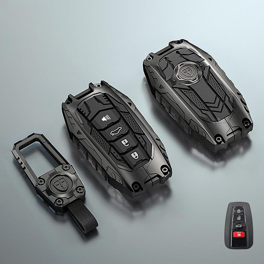 OLLEN Mech Style Heavy Metal Key Fob Cover, Fit for Toyota 4 Button Zinc Alloy Car Key Case, Durable Key Case Protection (Grey, B-Style)