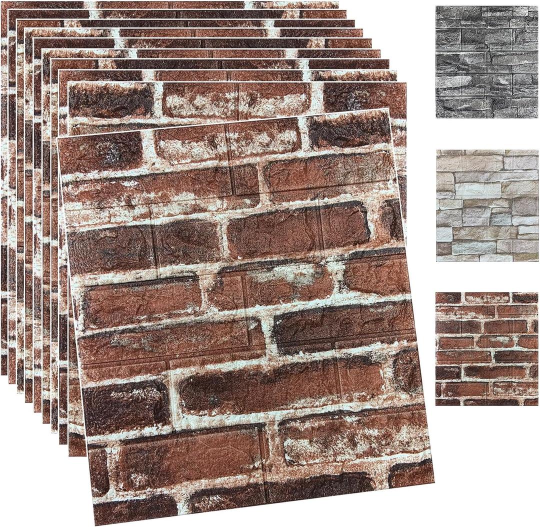 10PCS 3D Wall Panels Peel and Stick Foam 3D Brick Wallpaper Peel and Stick Red Faux Stone Wall Panel Self-Adhesive Wallpaper (10PCS, Red)