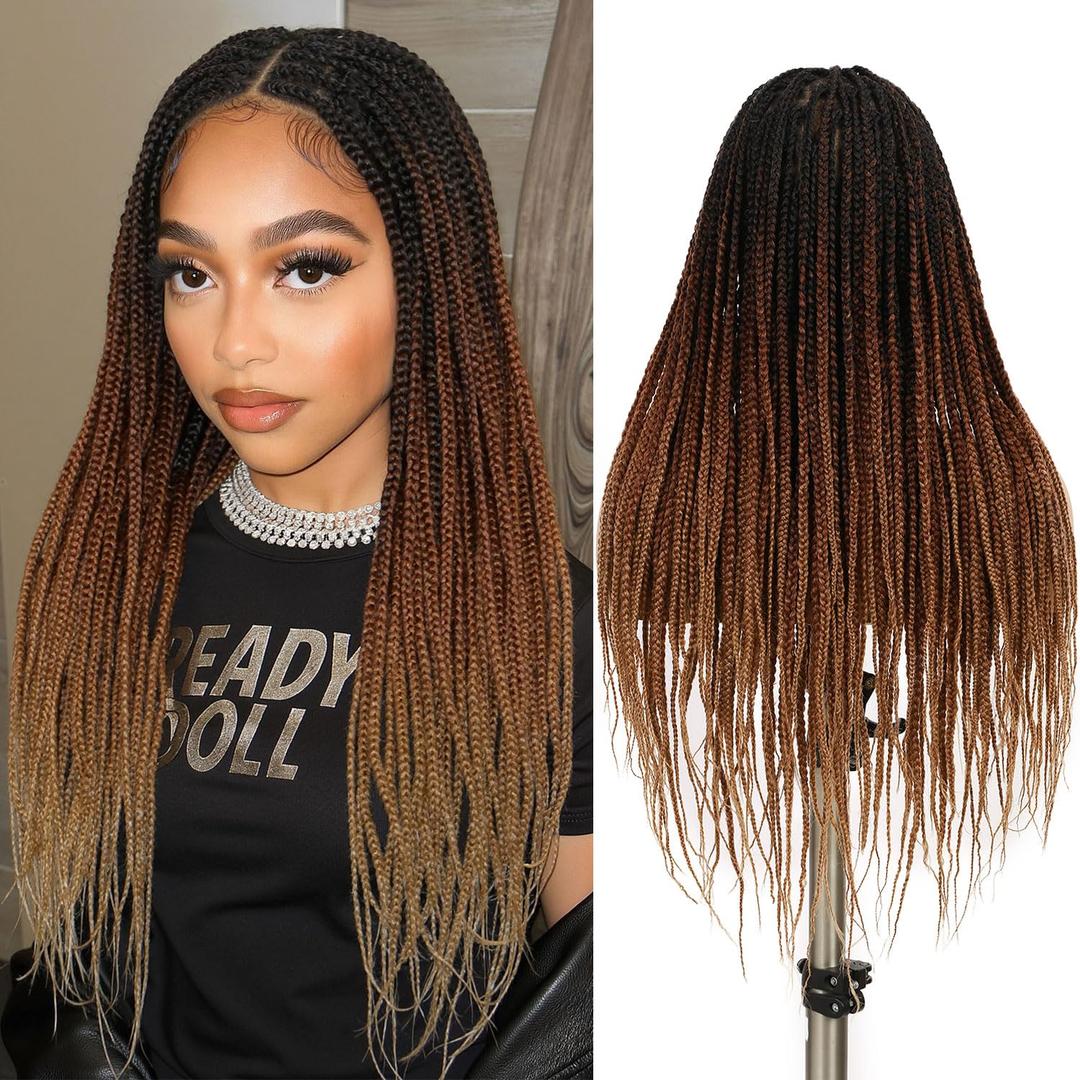 Fancy Hair Braided Wig for Black Women Square Knotless Box Braided Wigs Full Double Lace Glueless Braids Wig with Baby Hair Synthetic Ombre Brown to Blonde Braid Wig 26 inch (1B/30/27)