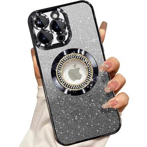 Misscase for iPhone 14 Pro Magnetic Glitter Case Compatible with MagSafe,Full Protection Slim Shockproof Anti-Scratch Case with Camera Lens Protector Logo View Dust-Proof Net for Women Black