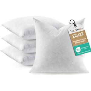 Feather Throw Pillow Inserts Set of 4, Soft Fluffy Square 22 x 22 Inches Decorative Pillow Insert, Feather and Down Euro Pillows for Bed, Couch and Cushion