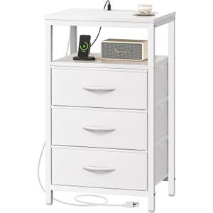 Huuger Nightstand with Charging Station, 27.6 Inch Side Table with Drawers, PU Leather Finish, End Table Bedside Table with USB Ports and Outlets, Night Stand for Bedroom, White